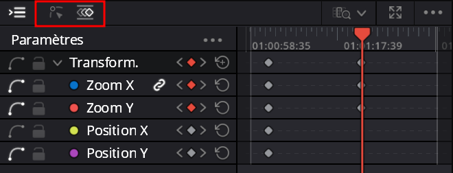 Les keyframes sous forme de points et l'icône pour changer de vue