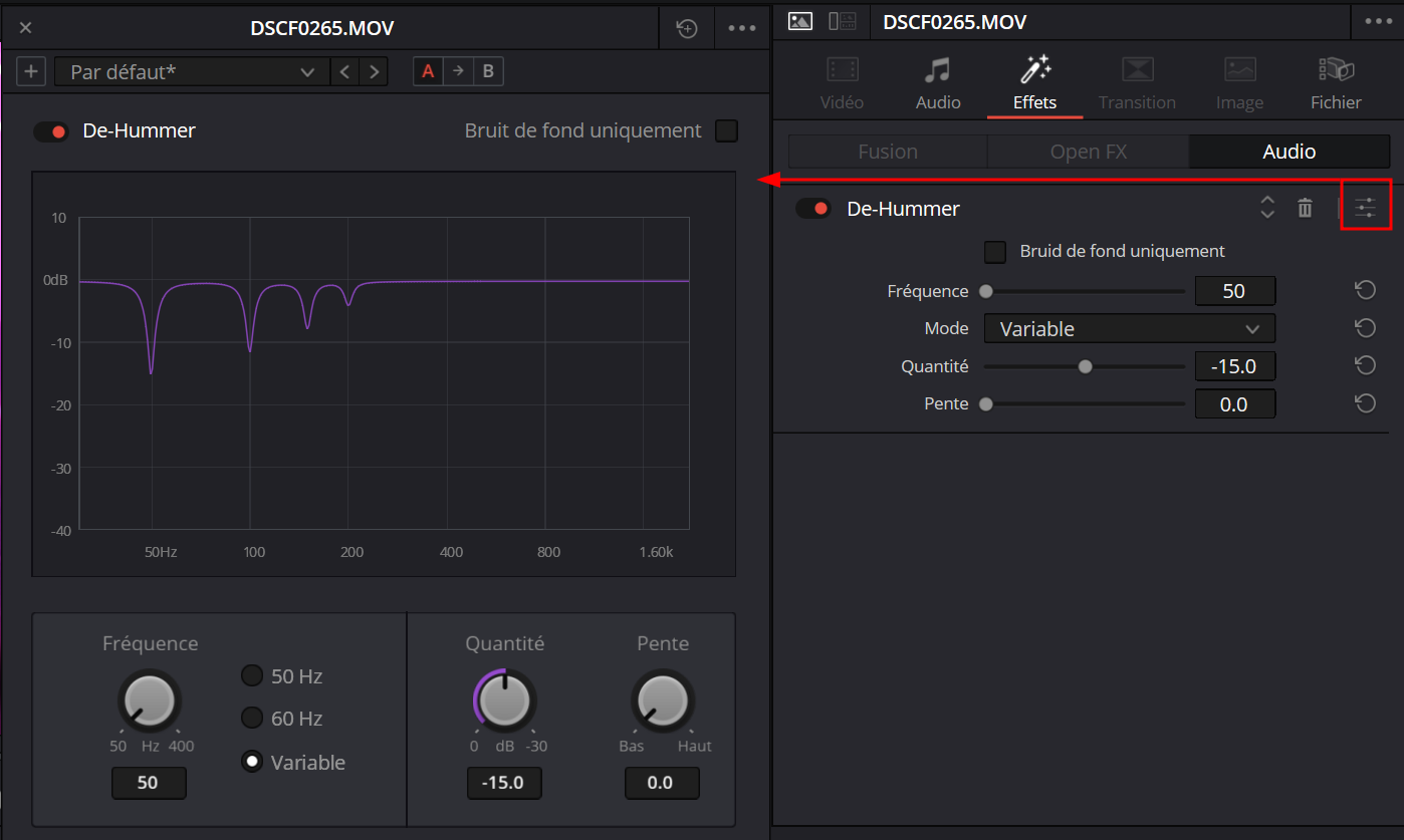 Le menu des effets audio