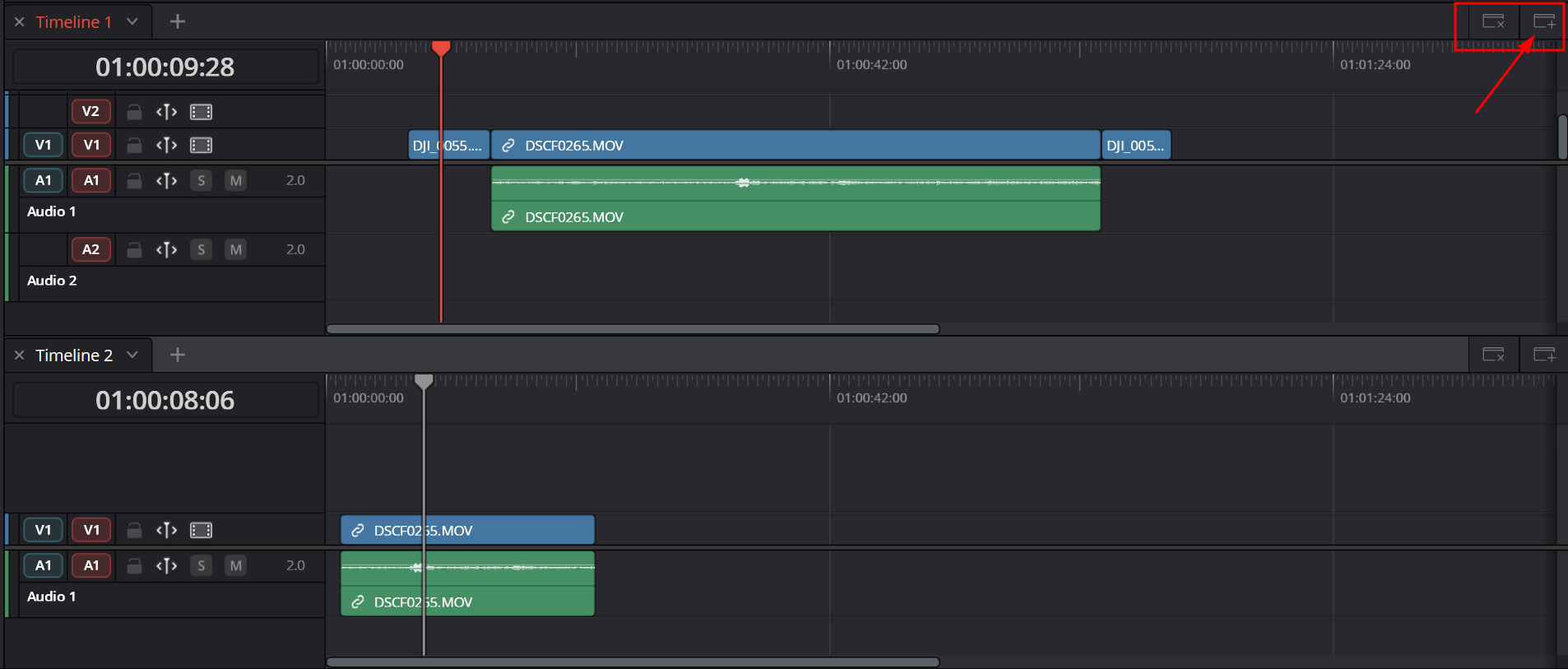 Deux timelines superposées et le bouton pour en ajouter